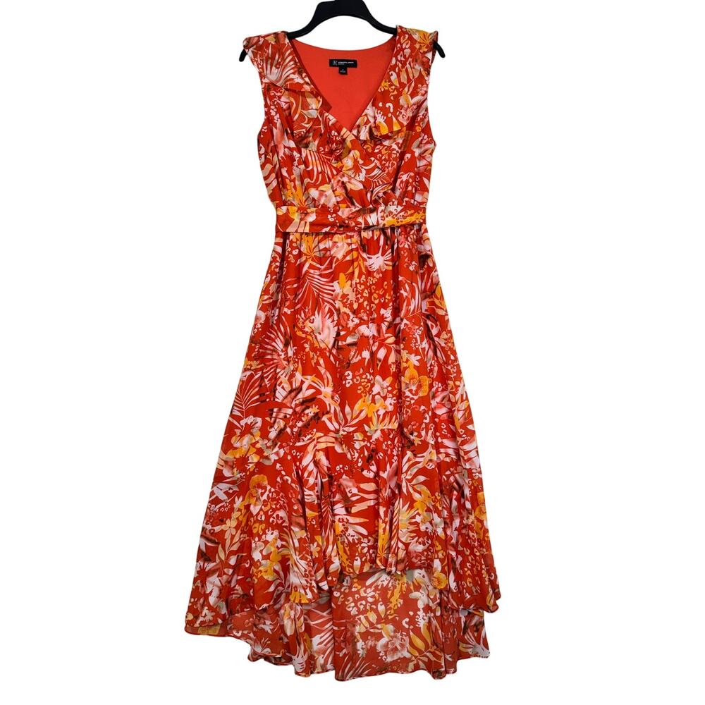 INC Orange Floral Print Faux Wrap Ruffle Hi-Lo Midi Dress Size 8 Belted V-Neck